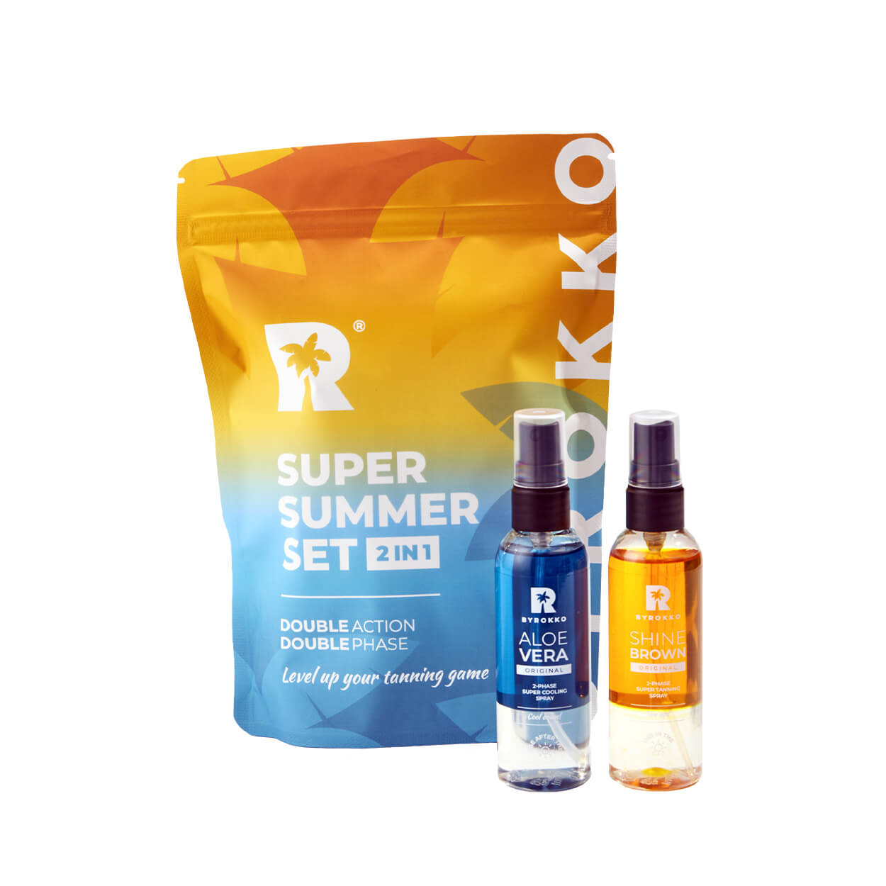 Super Summer Set which includes Shine Brown Two-Phase Super Tanning Spray and Aloe Vera Two-Phase Super Cooling Spray.