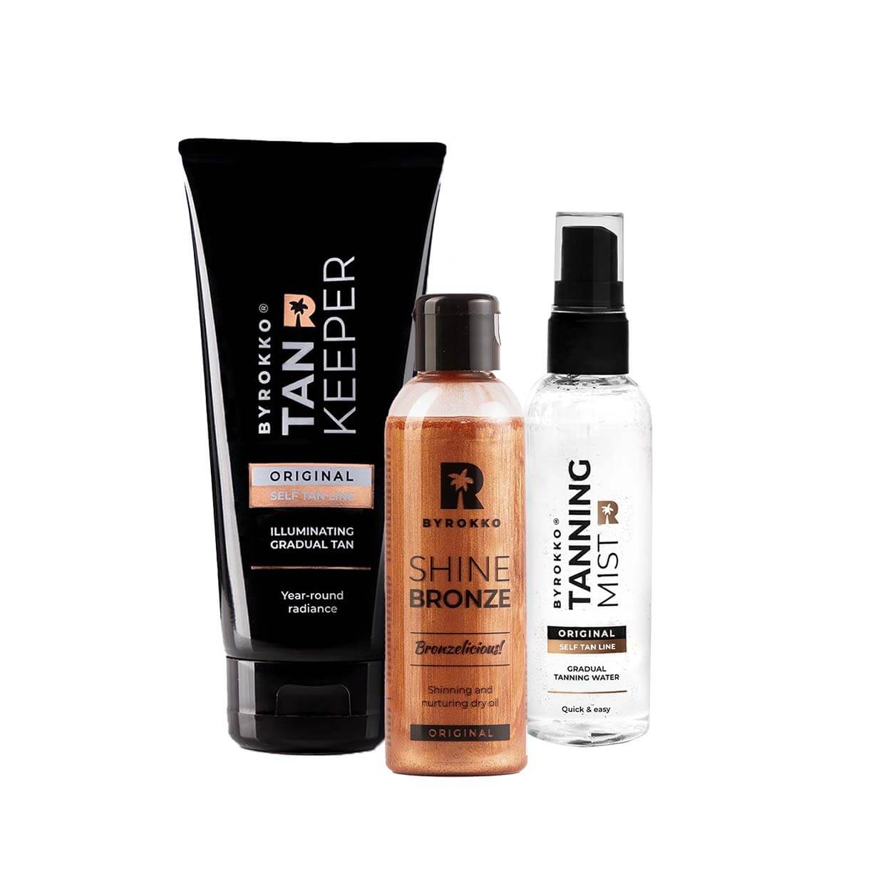 Byrokko Glammed Up bundle, which includes Tan Keeper, Tanning Mist, and Shine Bronze.