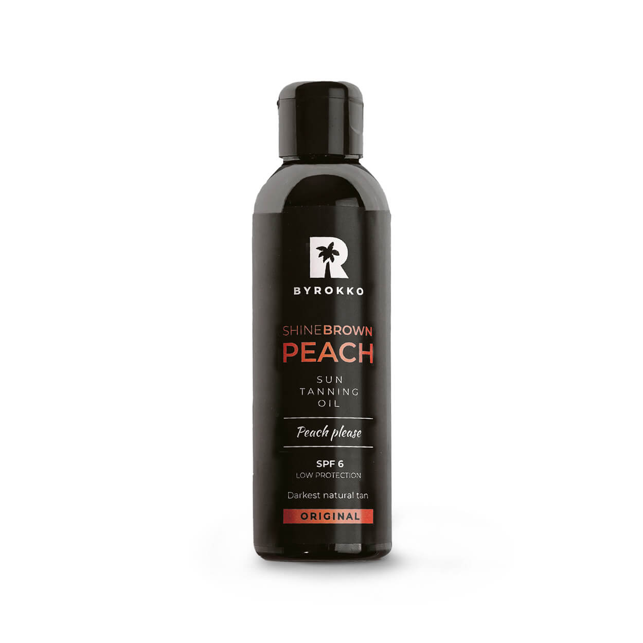 Shine Brown peach sun tanning oil with SPF 6, for the darkest natural tan.