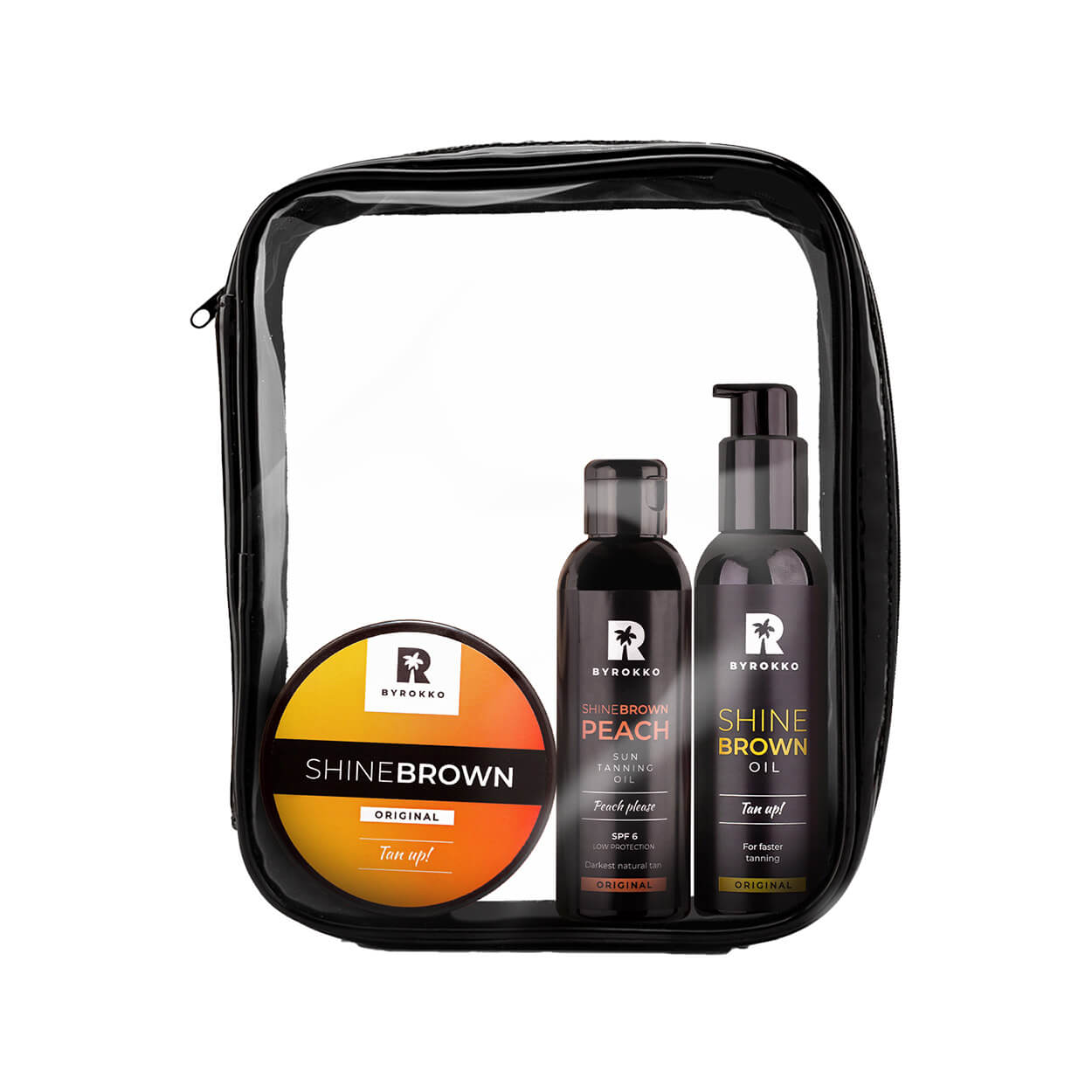 The originals bundle which includes Shine Brown Tan Up!, Shine Brown peach tanning oil SPF 6 and Shine Brown Tan Up! oil.