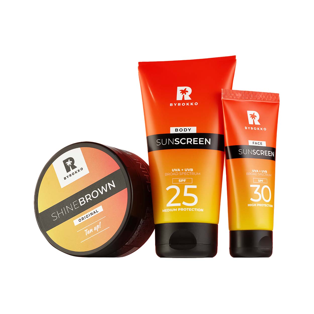 Shine Brown Tan & Protect Bundle which includes Shine Brown Tan up! cream, Body sunscreen SPF 25 and Face sunscreen SPF 30.